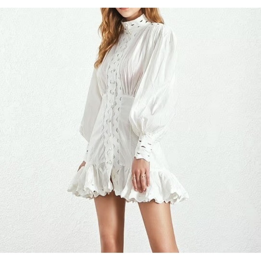 White Cotton Button Front Ruffle Mini Dress‎ Long Sleeve Boho Chic Size S